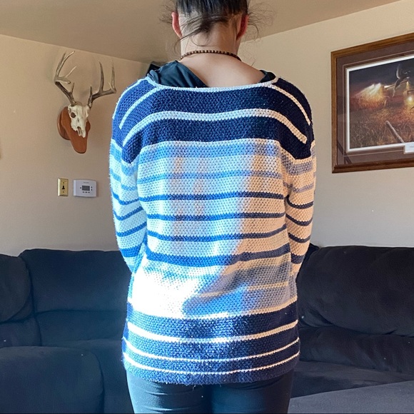 White, navy blue, and light blue button up sweater - Picture 2 of 3